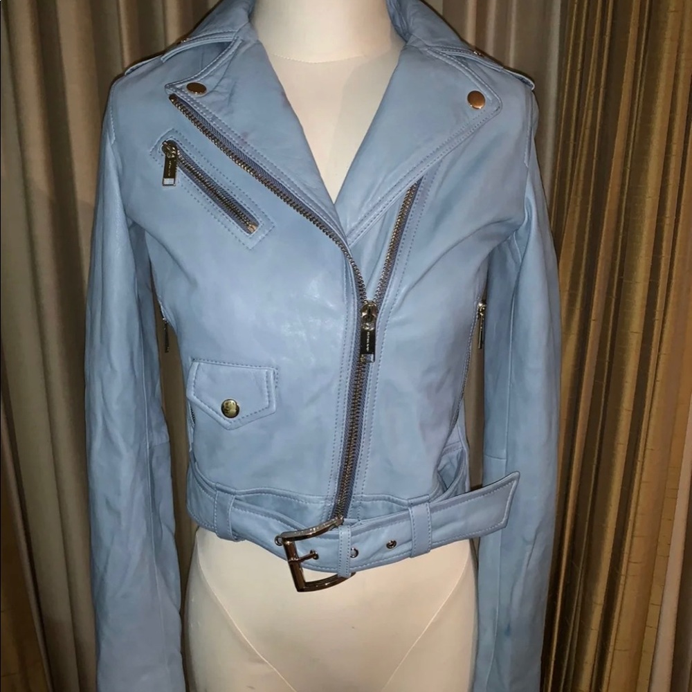 NWT $587 MICHAEL KORS leather blue moto jacket XS